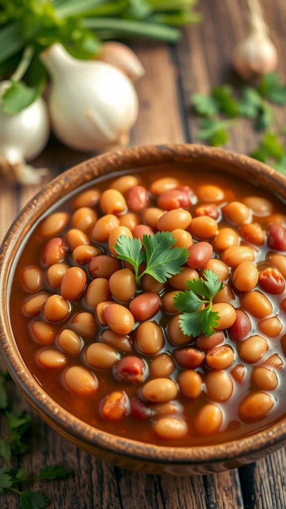 A bowl of seasoned pinto beans garnished with cilantro, surrounded by fresh ingredients on a rustic wooden table.